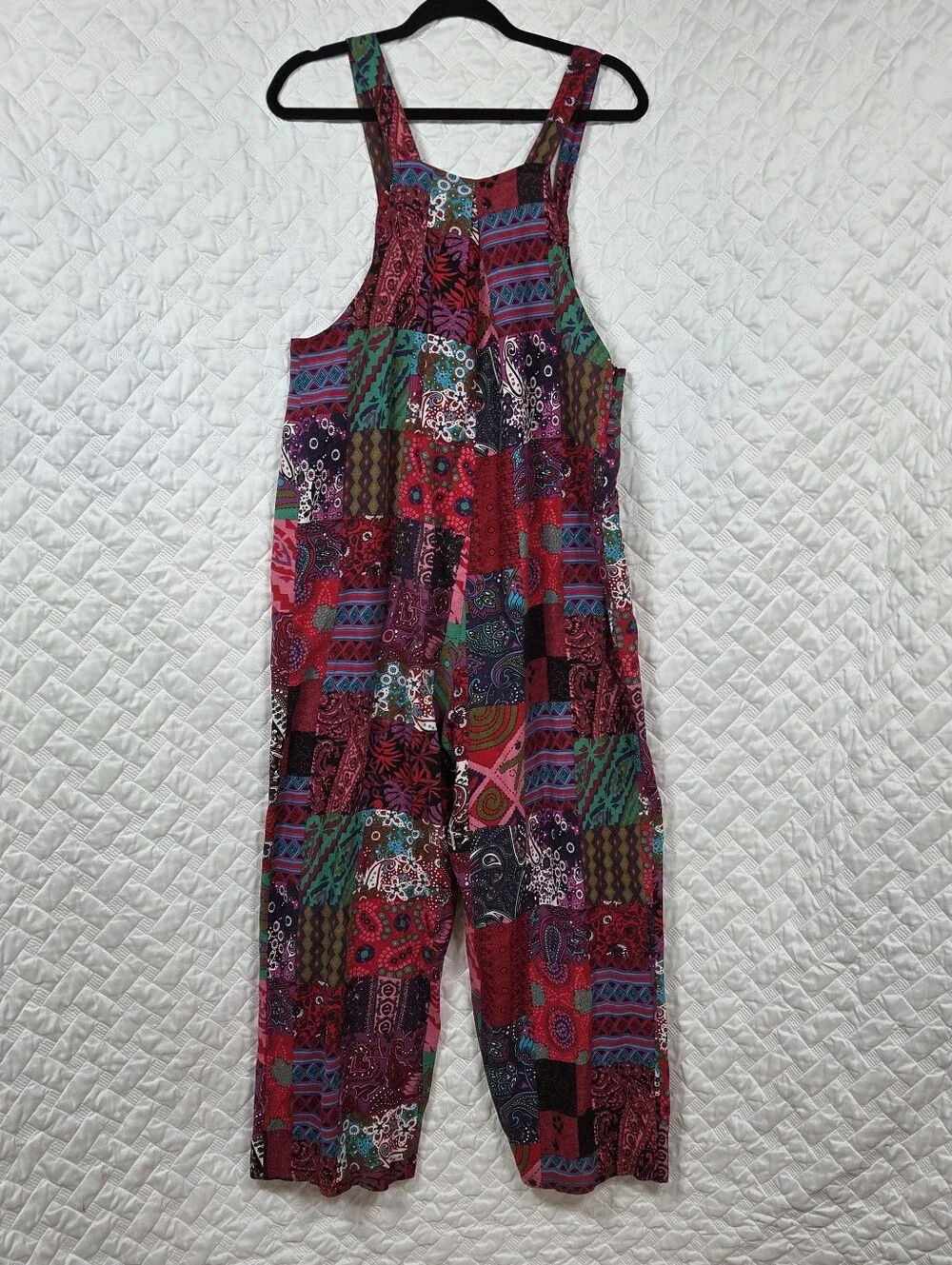 Colorful Patchwork Boho Overalls Jumpsuit Size Small 65% Cotton Festival Hippie